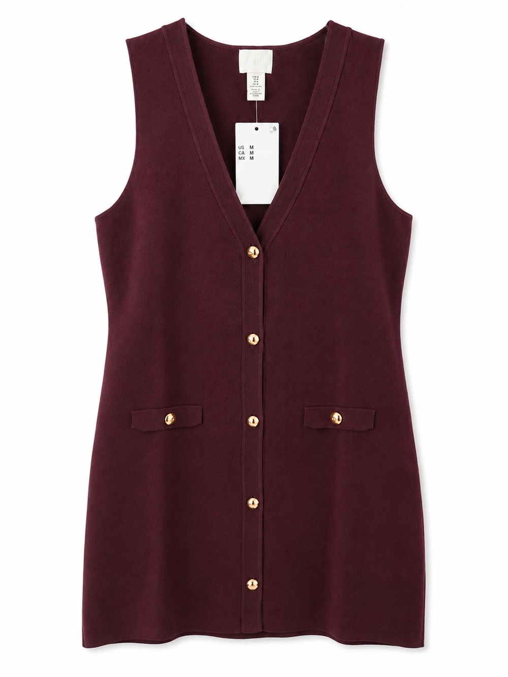 H&M Knit Vest Dress NWT Medium Gold Button Burgundy Sweater Dress